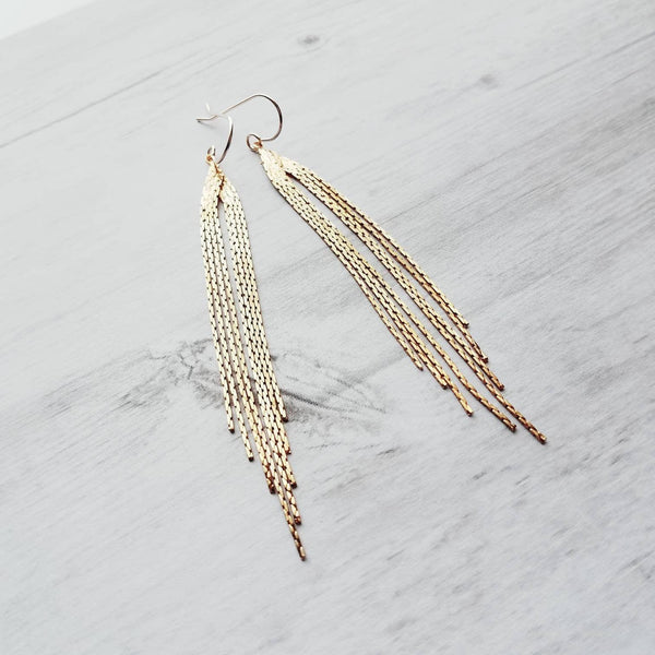 Chain Fringe Earrings, 14K gold fill hooks, long gold chain earring, flexible strands, gold tassel earring, flowing sexy earring v cut shape - Constant Baubling