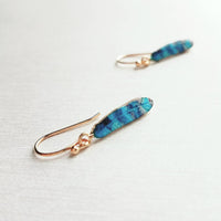 Feather Earrings - gold aqua turquoise cobalt blue stripe enamel design - simple 14K gold plated hook - petite delicate small little gift - Constant Baubling