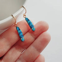 Feather Earrings - gold aqua turquoise cobalt blue stripe enamel design - simple 14K gold plated hook - petite delicate small little gift - Constant Baubling