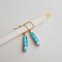 Feather Earrings - gold aqua turquoise cobalt blue stripe enamel design - simple 14K gold plated hook - petite delicate small little gift - Constant Baubling