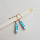 Feather Earrings - gold aqua turquoise cobalt blue stripe enamel design - simple 14K gold plated hook - petite delicate small little gift - Constant Baubling