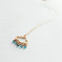 Rain Cloud Necklace, silver cloud necklace, cloud outline, cloud pendant, raindrop dangles, blue raindrops rainy weather storm rain necklace - Constant Baubling