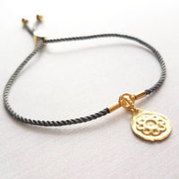 Rope Bracelet, matte gold heart charm, grey twisted cord, thin string, gold medallion, adjustable gray cord silky stacking layering bracelet - Constant Baubling