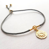 Rope Bracelet, matte gold heart charm, grey twisted cord, thin string, gold medallion, adjustable gray cord silky stacking layering bracelet - Constant Baubling