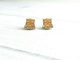 Owl Stud Earrings - small chubby wood birds - surgical stainless steel posts/backs - hypoallergenic cute gift sleeping little owlet - Constant Baubling