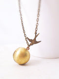 Bird Locket Necklace - sparrow charm in aged dark brass - long 20 inch delicate antique bronze chain - round ball pendant sphere secret gift - Constant Baubling