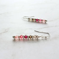 Pink Crystal Earrings, pink ombre earrings, long thin earrings, silver pink earrings, multicolor hot pink watermelon pale grey, delicate - Constant Baubling