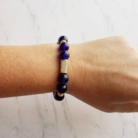 Cobalt Blue Gold Bracelet Set - metallic finish colorful smooth/facet cut dainty little bead nugget chunk CZ pave accent elastic stretch - Constant Baubling