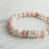 Pink Stretch Bracelet Set - white & zebra jasper/pink Peruvian opal/round matte grey gray stone beads/silver bead tube simple elastic - Constant Baubling
