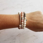 Pink Stretch Bracelet Set - white & zebra jasper/pink Peruvian opal/round matte grey gray stone beads/silver bead tube simple elastic - Constant Baubling