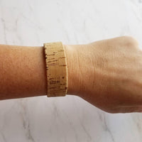 Cork Bracelet, silver adjustable chain, wide cuff bracelet, wide wood bracelet, flat cork bracelet, light brown wood bark wrap bracelet - Constant Baubling