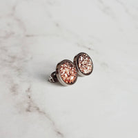 Rose Gold Studs - pink copper colored faux druzy stone - round rough jagged bumpy rock - hypoallergenic stainless surgical steel posts drusy - Constant Baubling