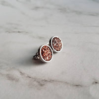 Rose Gold Studs - pink copper colored faux druzy stone - round rough jagged bumpy rock - hypoallergenic stainless surgical steel posts drusy - Constant Baubling