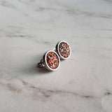 Rose Gold Studs - pink copper colored faux druzy stone - round rough jagged bumpy rock - hypoallergenic stainless surgical steel posts drusy - Constant Baubling