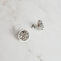 Silver Drusy Earrings, gunmetal earring, gunmetal stud, round stud earring, stainless steel studs, hypoallergenic earring grey stone earring - Constant Baubling