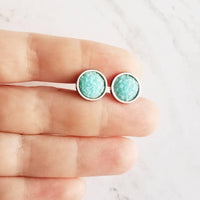 Mint Silver Earrings - light pale blue faux druzy stone round rough jagged bumpy rock - hypoallergenic stainless surgical steel posts drusy - Constant Baubling