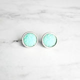 Mint Silver Earrings - light pale blue faux druzy stone round rough jagged bumpy rock - hypoallergenic stainless surgical steel posts drusy - Constant Baubling