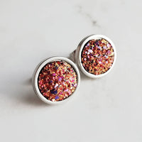 Rainbow Post Earrings, stainless steel studs, faux drusy stone, druzy, magenta pink orange yellow gold purple, bumpy rock style, round studs - Constant Baubling