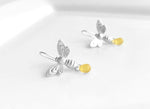 Bee Earrings - silver matte finish flying honeybee hooks with small simple glass honey drop dangle - fresh from the hive - bumblebee buzz - Constant Baubling