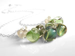 Green Bead Necklace - .925 sterling silver chain/pale glass swirled small tear drops - hints of aqua blue/white/clear - LAGOON - Constant Baubling