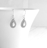 Small Silver Drop Earrings - antique black accent Bali beaded ethnic design - little simple ball dot edge - Boho Bohemian teardrop - Constant Baubling