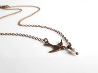 Copper Bird Necklace, sparrow necklace, flying bird pendant, tiny pearl charm, delicate copper chain, antique copper necklace, aged copper - Constant Baubling