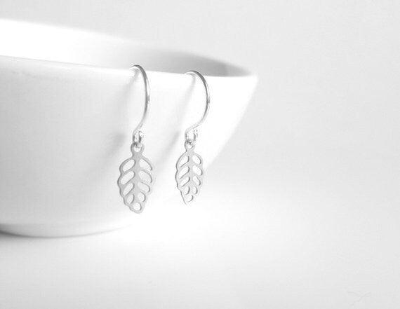 Small Leaf Earring - very tiny filigree outline style cut out design - simple minimalist little silver ear hooks - autumn tree fall jewelry - Constant Baubling