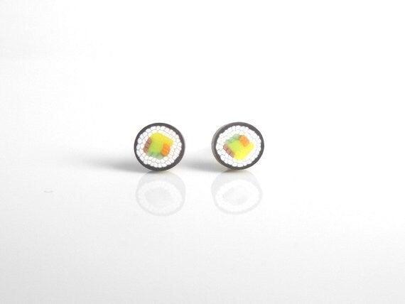 Sushi Earrings - fun tiny California sushi rolls with white rice and veggies made from clay - little delicate foodie food date studs - Constant Baubling
