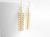 Gold Arrow Earrings, modern earring, chevron earring, fishbone earring, spine earring, vertebrae earring, feather earring, long gold dangle - Constant Baubling