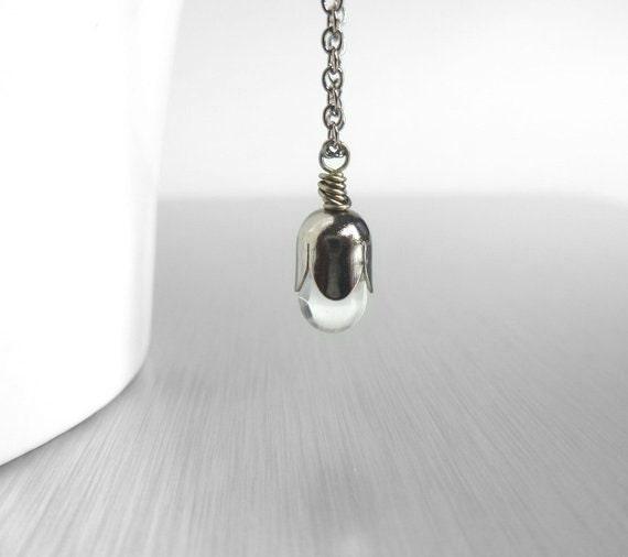 Clear Drop Necklace, clear glass teardrop pendant, clear glass pendant, water drop necklace, gunmetal necklace, small teardrop pendant, tiny - Constant Baubling