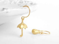 Rainy Day Earrings - little matte gold mismatched fun pair with umbrella and raindrop on simple delicate gold hooks - Constant Baubling