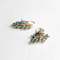 Peacock Blue Earrings, teal blue glass earring, cluster drop, bead fringe, staggered crystals, chacha earring, prom wedding tassel earring - Constant Baubling
