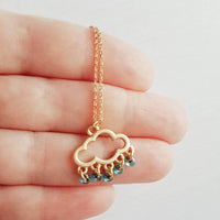 Rain Cloud Necklace, silver cloud necklace, cloud outline, cloud pendant, raindrop dangles, blue raindrops rainy weather storm rain necklace - Constant Baubling