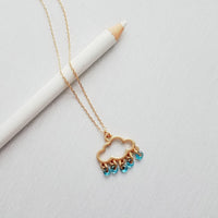 Rain Cloud Necklace, silver cloud necklace, cloud outline, cloud pendant, raindrop dangles, blue raindrops rainy weather storm rain necklace - Constant Baubling