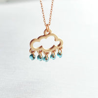 Rain Cloud Necklace, silver cloud necklace, cloud outline, cloud pendant, raindrop dangles, blue raindrops rainy weather storm rain necklace - Constant Baubling