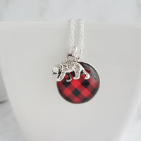 Red Plaid Necklace - buffalo check/bear charm lodge pendant - black plaid flannel - Christmas holiday jewelry stocking stuffer gift - Constant Baubling