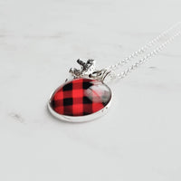 Red Plaid Necklace - buffalo check/bear charm lodge pendant - black plaid flannel - Christmas holiday jewelry stocking stuffer gift - Constant Baubling