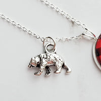 Red Plaid Necklace - buffalo check/bear charm lodge pendant - black plaid flannel - Christmas holiday jewelry stocking stuffer gift - Constant Baubling