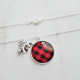 Red Plaid Necklace - buffalo check/bear charm lodge pendant - black plaid flannel - Christmas holiday jewelry stocking stuffer gift - Constant Baubling