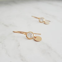 Gold Disk Earrings - cubic zirconia/14K gold fill small round discs & hooks - simple modern elegant little everyday jewelry - 14 k dangle - Constant Baubling