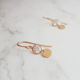 Gold Disk Earrings - cubic zirconia/14K gold fill small round discs & hooks - simple modern elegant little everyday jewelry - 14 k dangle - Constant Baubling