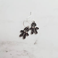 Gingerbread Men Earrings, silver Christmas earring, cookie earring, gingerbread earring, antique silver Xmas earring, bow tie gingerbread - Constant Baubling