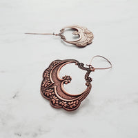 Large Antique Copper Earrings, oval copper earring, copper flourish, embossed copper earring, scalloped edge earring, kidney ear wires, 3 in - Constant Baubling