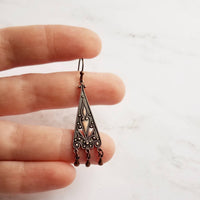 Copper Chandelier Earrings - oxidized dangle teardrops on ornate flourish triangle, handmade antique boho style, 2 inch rustic earring - Constant Baubling
