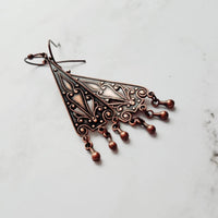 Copper Chandelier Earrings - oxidized dangle teardrops on ornate flourish triangle, handmade antique boho style, 2 inch rustic earring - Constant Baubling