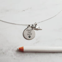 Crazy Cat Lady Necklace - silver pendant/kitty charm - small simple dainty link chain - spinster hermit humor funny handmade pet jewelry - Constant Baubling