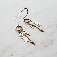 Gold and Silver Earrings, tribal earring, mixed metal earring, gold arrow earring, Boho earring, gold feather earring, long dangle earring - Constant Baubling