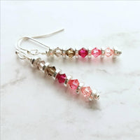 Pink Crystal Earrings, pink ombre earrings, long thin earrings, silver pink earrings, multicolor hot pink watermelon pale grey, delicate - Constant Baubling