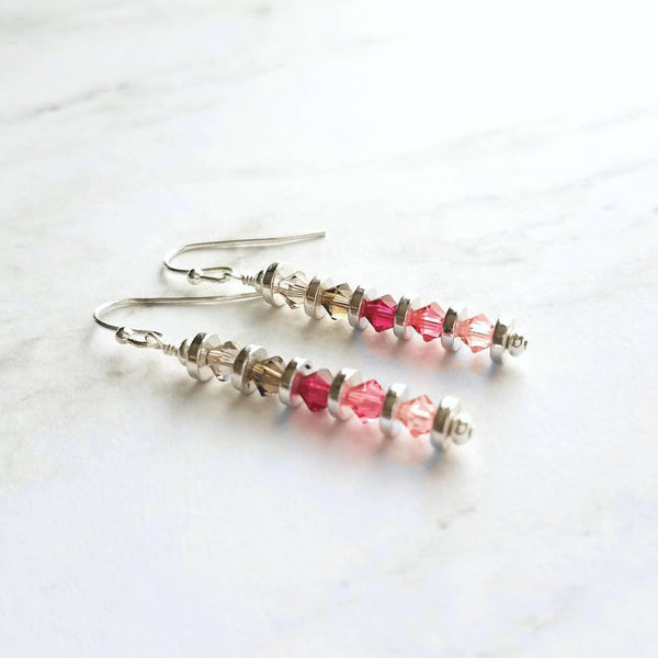 Pink Crystal Earrings, pink ombre earrings, long thin earrings, silver pink earrings, multicolor hot pink watermelon pale grey, delicate - Constant Baubling