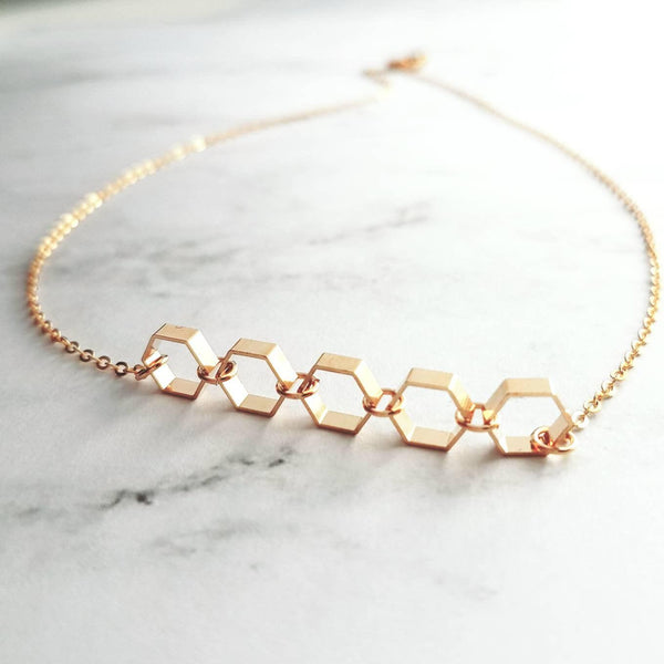Gold Hexagon Necklace, honeycomb necklace, honeybee necklace, bee necklace, geometric necklace, geometry necklace, gold bee jewelry, math - Constant Baubling
